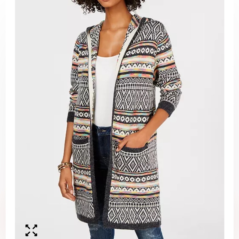Monteau Hooded knit Intarsia Duster Cardigan Womens size XS boho festival